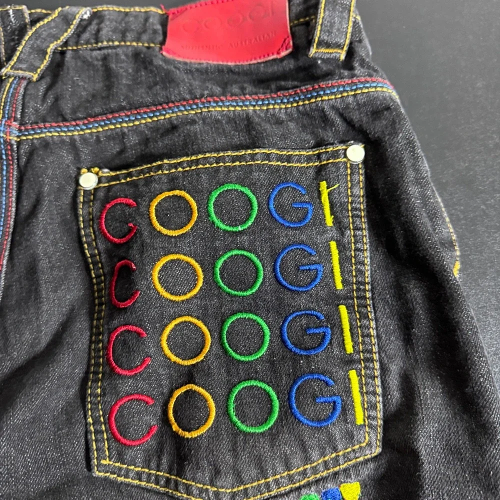 Coogi Denim Shorts Boys 18 Black Rainbow Embroidery Vintage Hip Hop‎ Streetwear